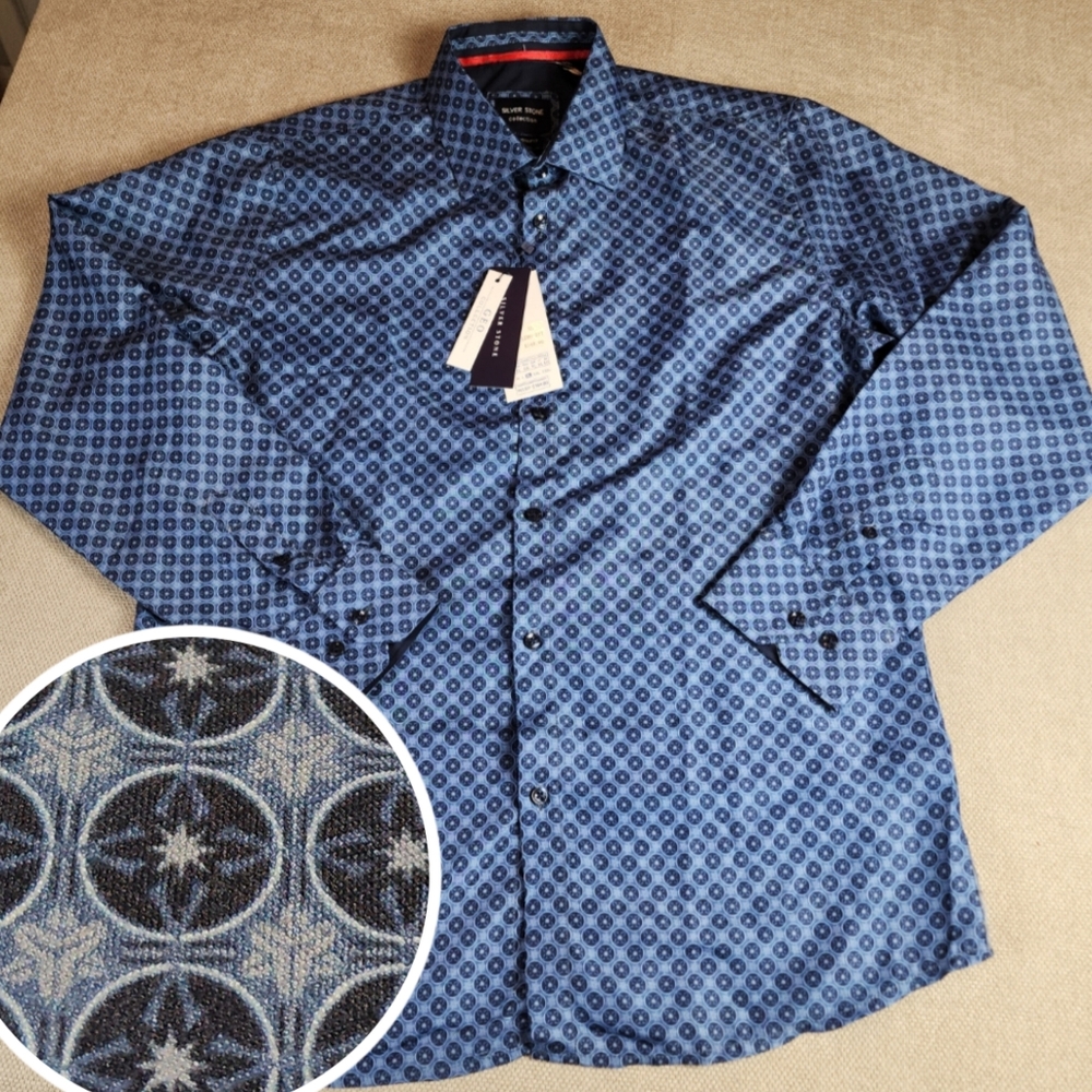 Nwt Silver Stone Blue Pattern Long Sleeve Button Down Shirt Men's Size Xl
